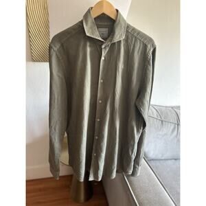 Scalpers Shirt Mens 43 L Olive Green Linen Cotton Skull Crossbones Preppy Summer